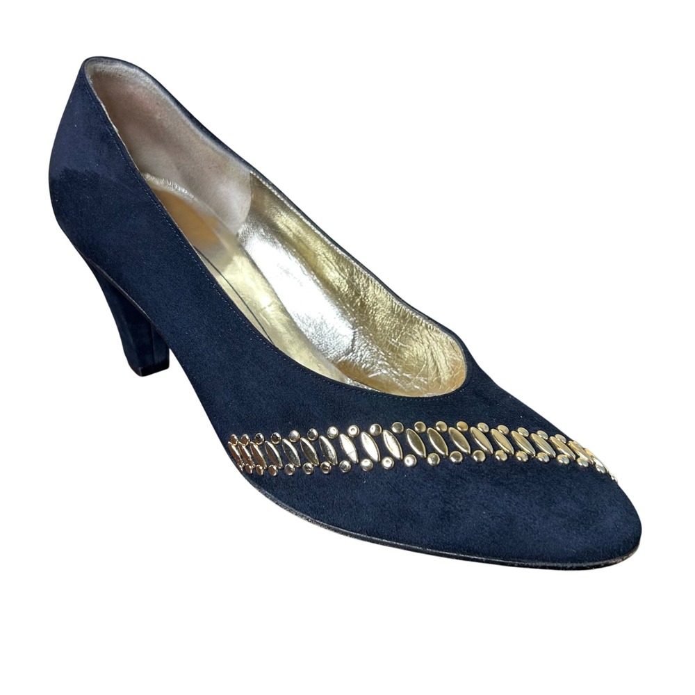Bruno Magli Pumps Size 6.5B Navy Suede Studded Gold Accents‎ Made in Italy